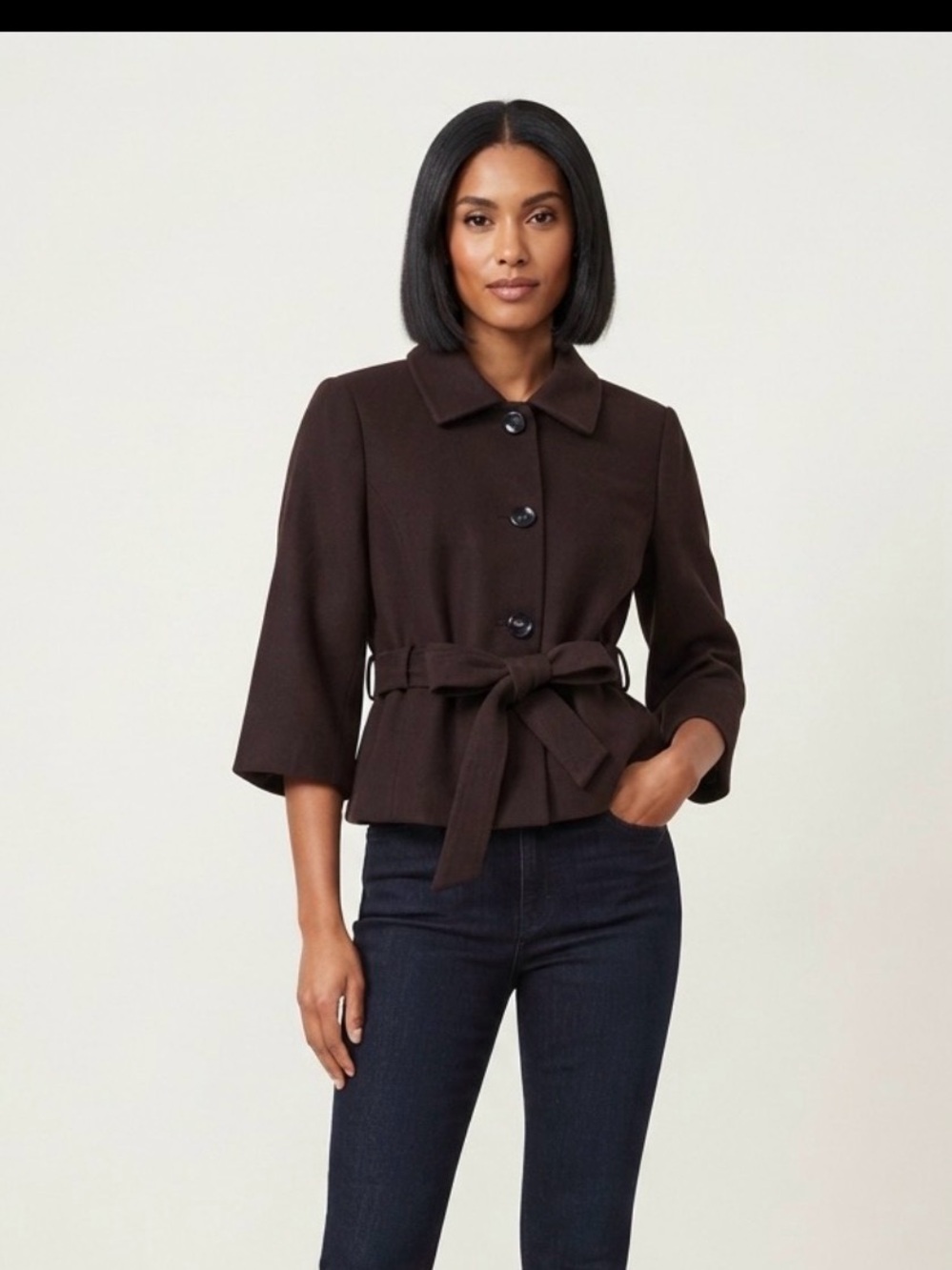 Mexx Dark Brown Wool Blend Cropped Trench Coat Jacket with Tie Belt Sz 38/US 8